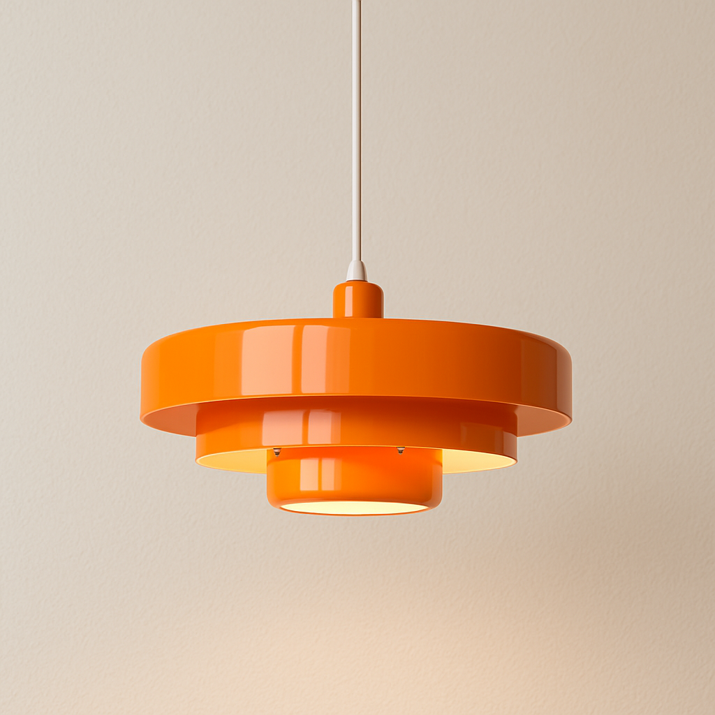 Lagdelt pendellampe – Nowoczesna metalowa lampa w kolorze pomarańczowym lub białym do jadalni lub salonu.